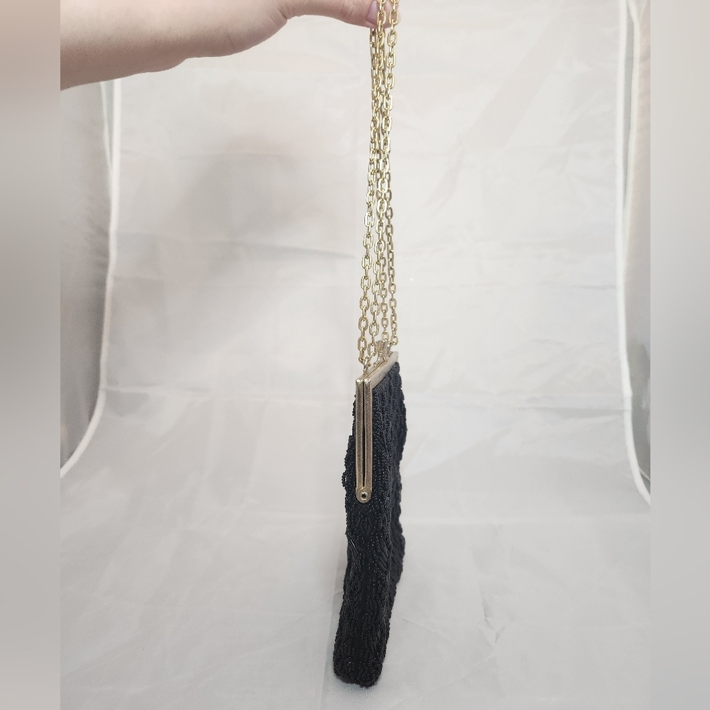 Vintage Black and Gold Beaded Purse w/ Adjustable chain strap Made in Hong Kong - Picture 2 of 7